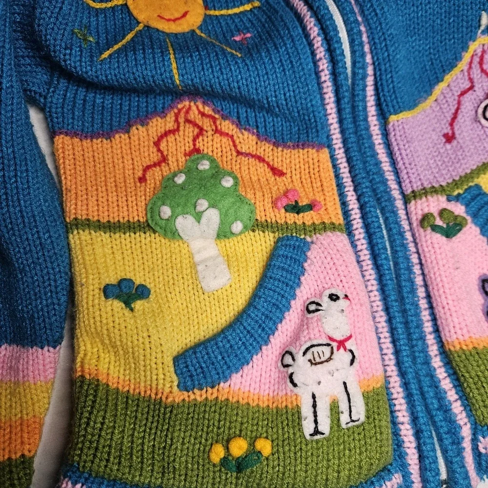 JB Crafts‎ Kids Cardigan 8 Hooded Sweater Peru Embroidered Full Zip Art